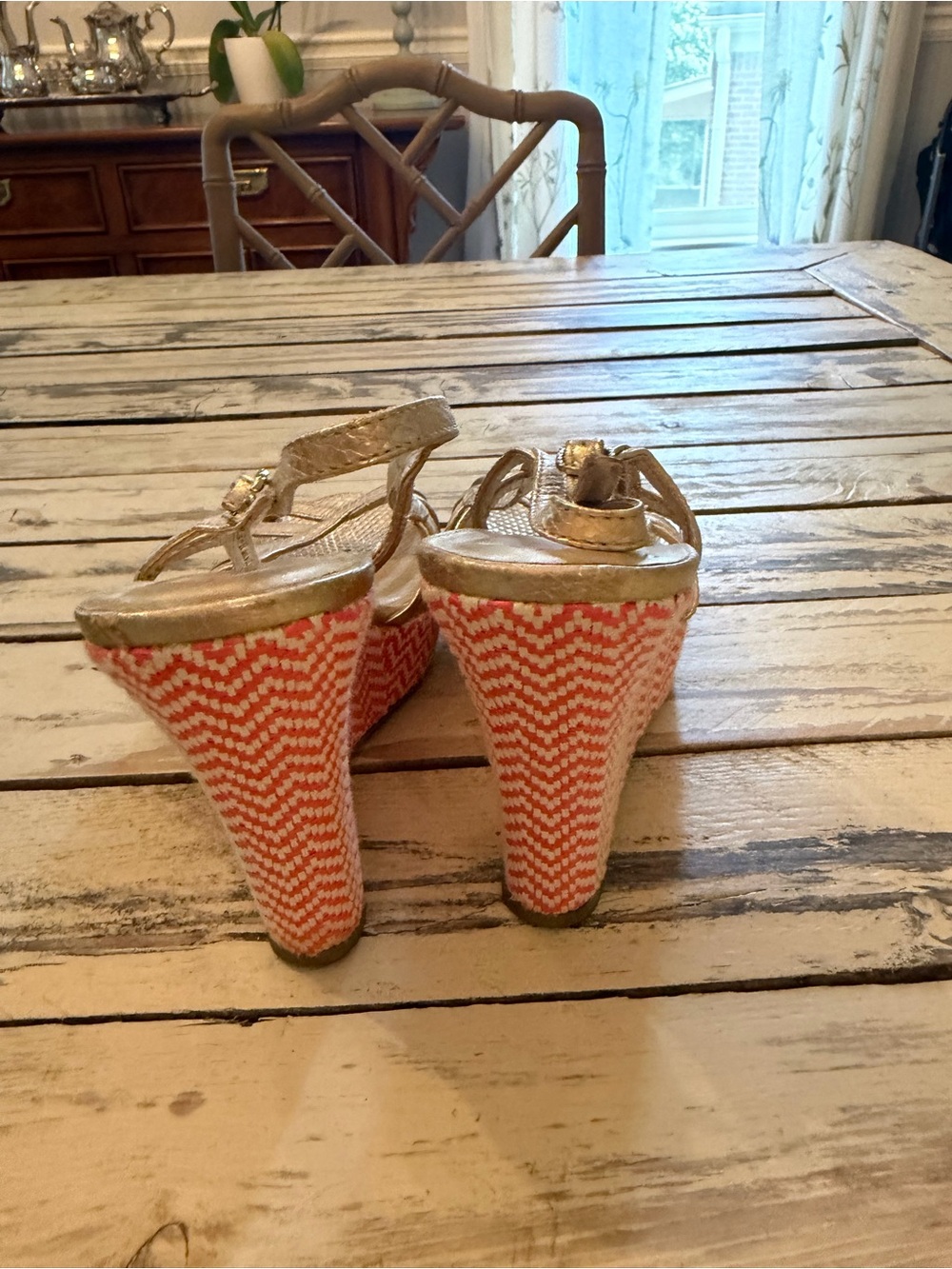 Lilly Pulitzer Sophie Gold Metallic Leather Raffia Wedge Platform - Picture 5 of 5